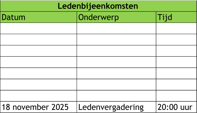 Datum  Onderwerp Tijd 18 november 2025 Ledenvergadering 20:00 uur Ledenbijeenkomsten