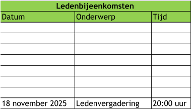 Datum  Onderwerp Tijd 18 november 2025 Ledenvergadering 20:00 uur Ledenbijeenkomsten
